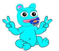 a blue teddy bear holding a pacifier