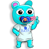 a blue bear with a pacifier and a t - shirt that says base